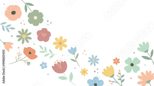 A whimsical illustration of a scattering of colorful, abstract flowers and leaves across a white background, evoking a sense of spring and nature's gentle beauty