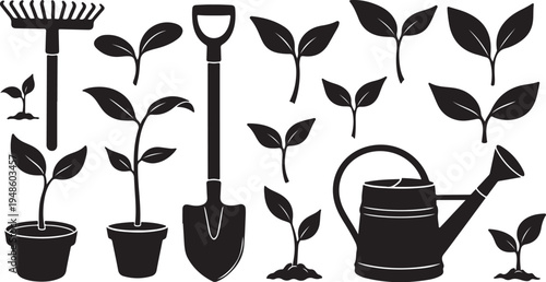 Gardening tools and plants in black and white illustration