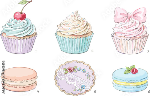 A delightful assortment of beautifully decorated hand-drawn watercolor cupcakes with sweet frosting and charming pastel macarons, perfect for whimsical dessert illustrations and sweet cravings
