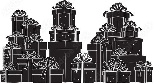 Black and white illustration of wrapped gift boxes stacked