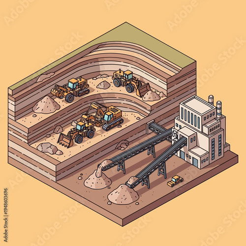 Isometric illustration of an open-pit mine with heavy machinery and processing plant.