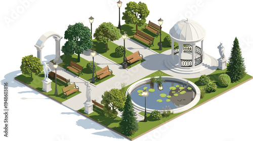 Isometric park scene with benches, lampposts, a fountain, and a gazebo, illustrating an outdoor urban oasis