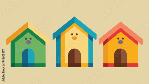 Three stylized wooden pet houses with faces including eyes and noses are displayed on a light beige background in a flat vector design.