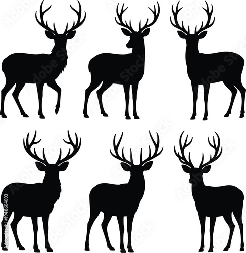 PrintDeer silhouette vector, antler wildlife icon, stag illustration design, hunting artwork symbol, forest animal graphic, nature emblem, wild deer artwork