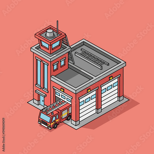 Isometric illustration of a fire station with a fire truck, red building, and watchtower.