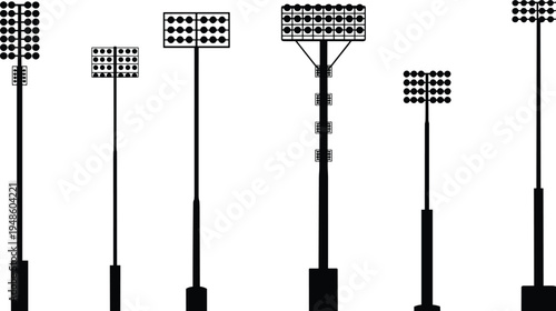 PrintStadium floodlight silhouette, sports field lighting system, outdoor arena illumination, night game visibility, tall pole floodlights, multiple lamp grid design