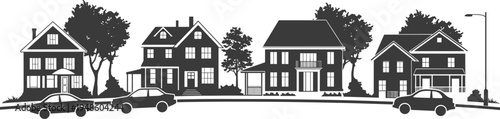 PrintSuburban neighborhood street illustration, residential houses design, urban community artwork, real estate vector, family home clipart, modern architecture graphic