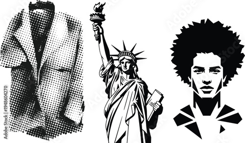 PrintStatue of Liberty illustration, afro portrait art, halftone suit jacket design, cultural symbolism, modern vector artwork, American identity, abstract composition