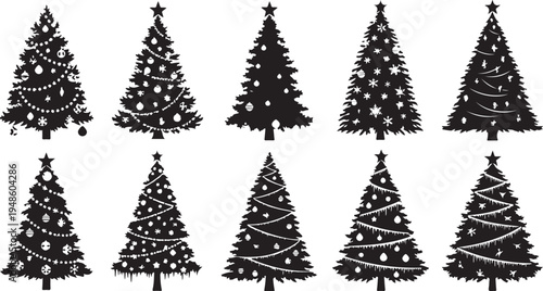 Black Christmas Trees with Decorations on White Background