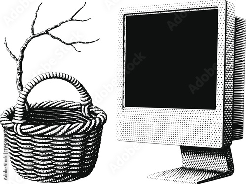 PrintWoven basket illustration, bare tree branch design, retro CRT computer monitor art, halftone texture composition, nature and technology contrast artwork