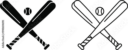 Crossed Baseball Bats and Ball Icon Set Vector
