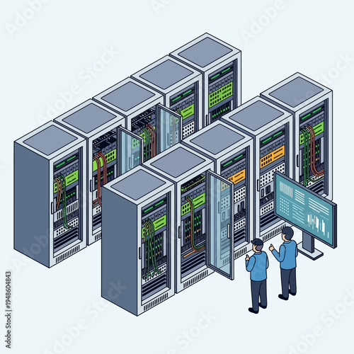 Isometric illustration of a data center with server racks, technicians, and monitoring screens.
