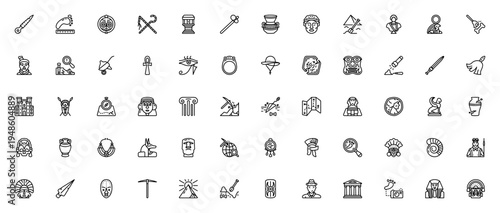 Archaeology icon set. Vector illustration of ancient symbols and tools. Includes dagger, mask, statue, pyramid, sphinx, pottery, amulet, and more for history and exploration themes.