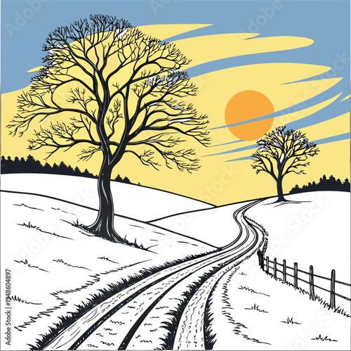 Snow-Covered Field at Golden Sunset with Winding Path and Bare Trees.