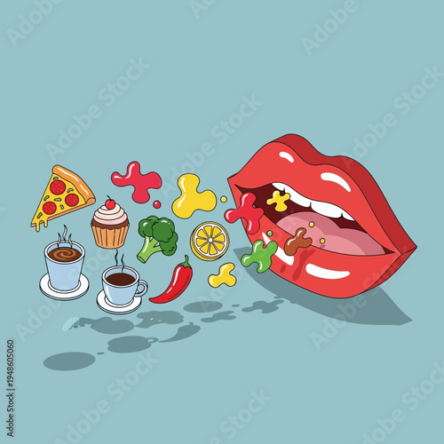 Illustration depicting a mouth with food items and colorful splatters, representing taste and consumption.