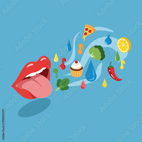Illustration depicting a mouth with food items and water droplets, representing taste and flavor.