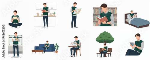 Diverse Flat Illustration of Man Reading Book in Different Scenarios