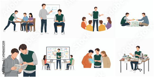 Flat Illustration Business People Meeting and Brainstorming on Table Whiteboard