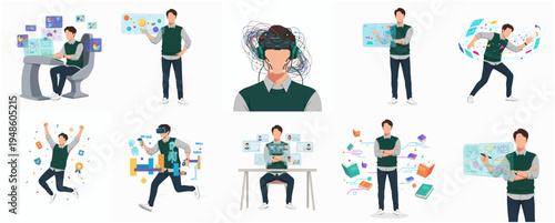 Flat Illustration Set of Man Interacting with Technology and Virtual Reality