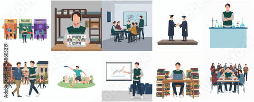 Flat Style College and University Student Activities Illustration Set Collection
