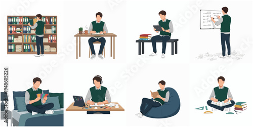 Flat Style Young Adult Man in Different Activities Daily Life Illustration