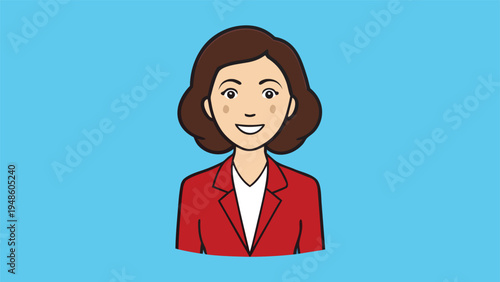 A head and shoulders portrait of a smiling young woman wearing a red professional blazer and white shirt is centered against a solid blue background.