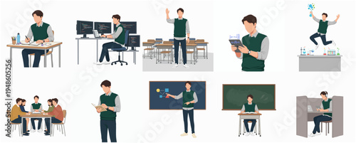 Detailed Flat Character in Classroom School Activities Illustration Set
