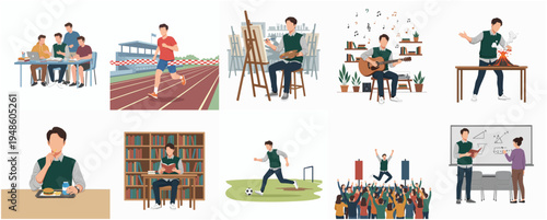 Diverse Lifestyle Illustration Showing Various Activities Performed by Young Person
