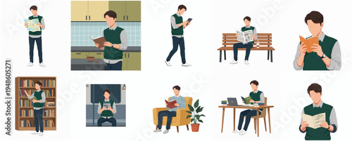 Flat Illustration Set of Man Reading in Different Situations Lifestyle