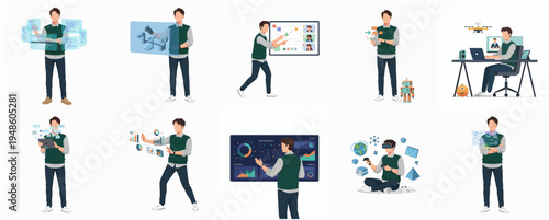 Diverse Flat Illustration Set of Man Interacting with Modern Technology