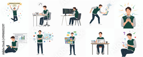 Flat Style Diverse Man Character Poses and Actions in Modern Workplace