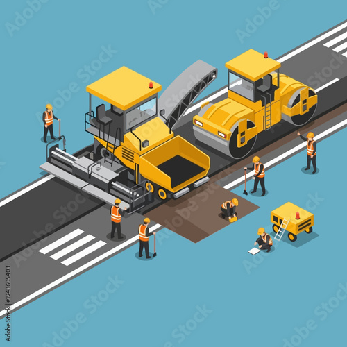 Isometric illustration of road construction, featuring machinery, workers, and the paving process.