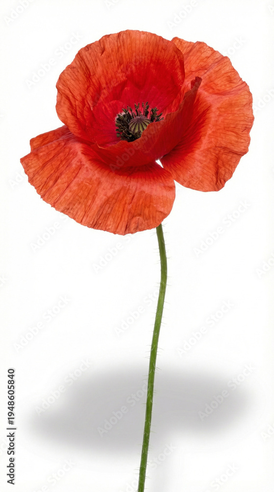 Obraz premium Vertical photo of a single red poppy flower on a green stem. Isolated blooming wildflower on white background with drop shadow