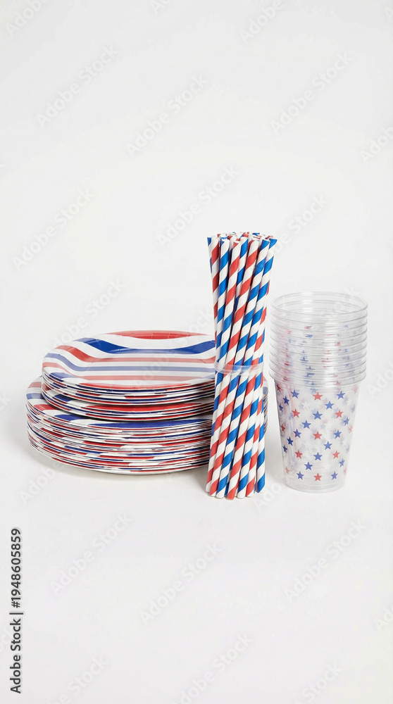 Obraz premium Stack of patriotic red white and blue paper plates straws and star cups. Disposable tableware for summer kickoff or Memorial Day celebration