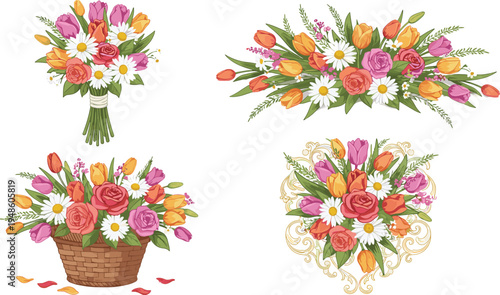 Spring Flower Bouquet Collection with Tulips Roses and Daisies in Wicker Basket and Hand Tied Arrangements for Floral Greeting Cards