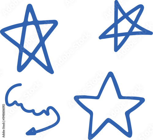 Hand-drawn Blue Stars and Arrow Doodle Set