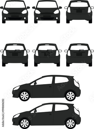Foto Flat vector illustration showing multiple views of a generic subcompact hatchback car including front back and side profiles isolated on white background for design