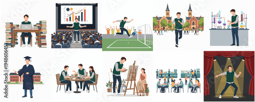 Colorful Flat Style Illustration Representing The Different Aspects of University Student Life