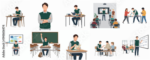 Flat Illustration Depicting Various Activities of a High School Student in Class