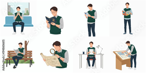 Minimalist Style Man in Various Poses Doing Different Activities Character Illustration