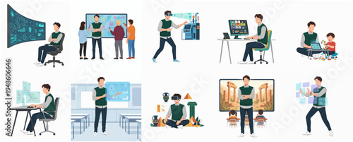 Flat Style Man Character in Various Educational Activity Scenarios Illustration