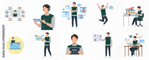 Modern Style Businessman Various Activity And Working Situation Character Illustration