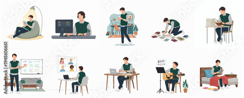 Flat Illustration of Young Man Doing Various Activities at Home