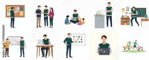Diverse Flat Style Illustration of Man Teacher in Various School Activities