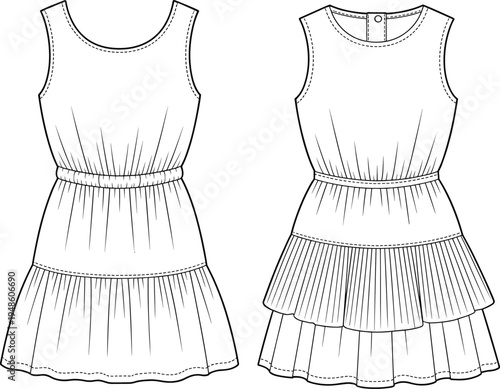 Flat vector sleeveless dress front back view, tiered skirt fashion design