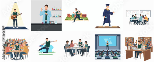 Flat Illustration Set of Various Activity People Scenes and Professional Life