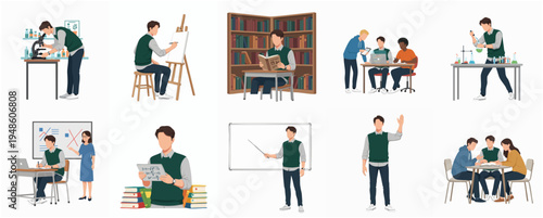 Minimalist Flat Style Students Doing Various Academic Activities Illustration Set