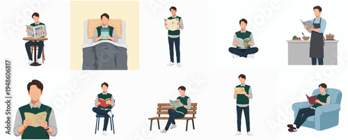 Flat Style Illustration Man Reading Book in Various Situation Set Design