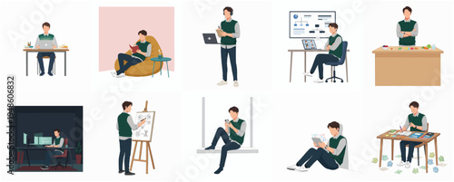 Flat Style Various Young Man Activities and Hobbies Illustration Set