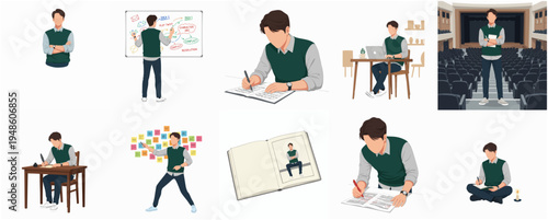 Minimalist Faceless Student Study Activity Illustration Set in Various Poses